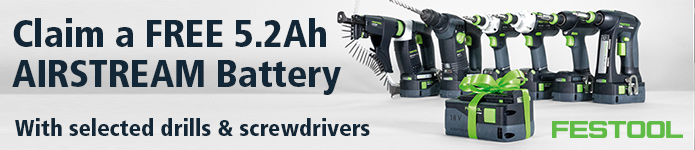 Claim a FREE 5.2Ah Festool Airstream Battery with selected tools - Click Here